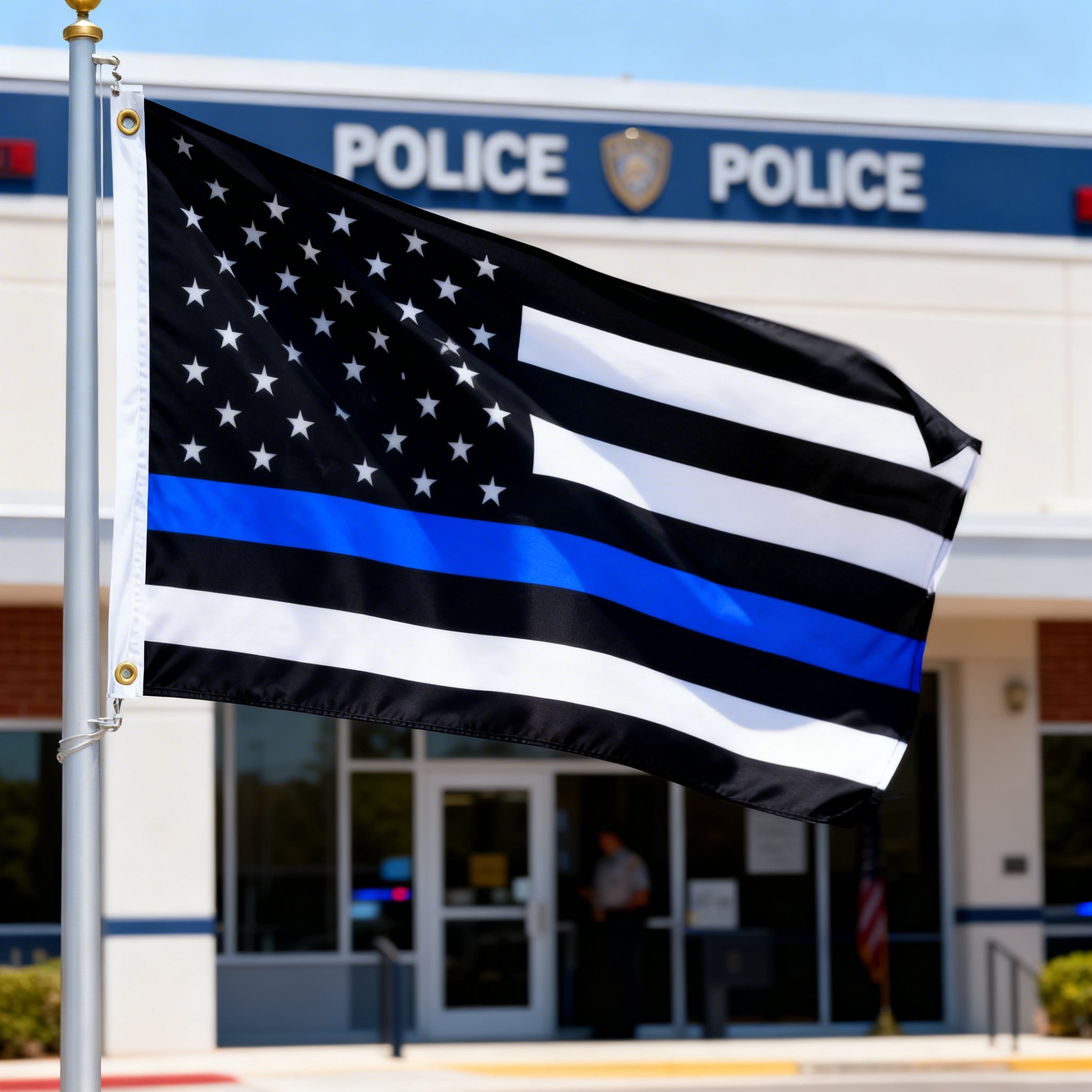 Generic Police Flag 3x5 Police Thin Blue Line Flag, Outdoor, Nylon – Airborne Flag & Flagpole